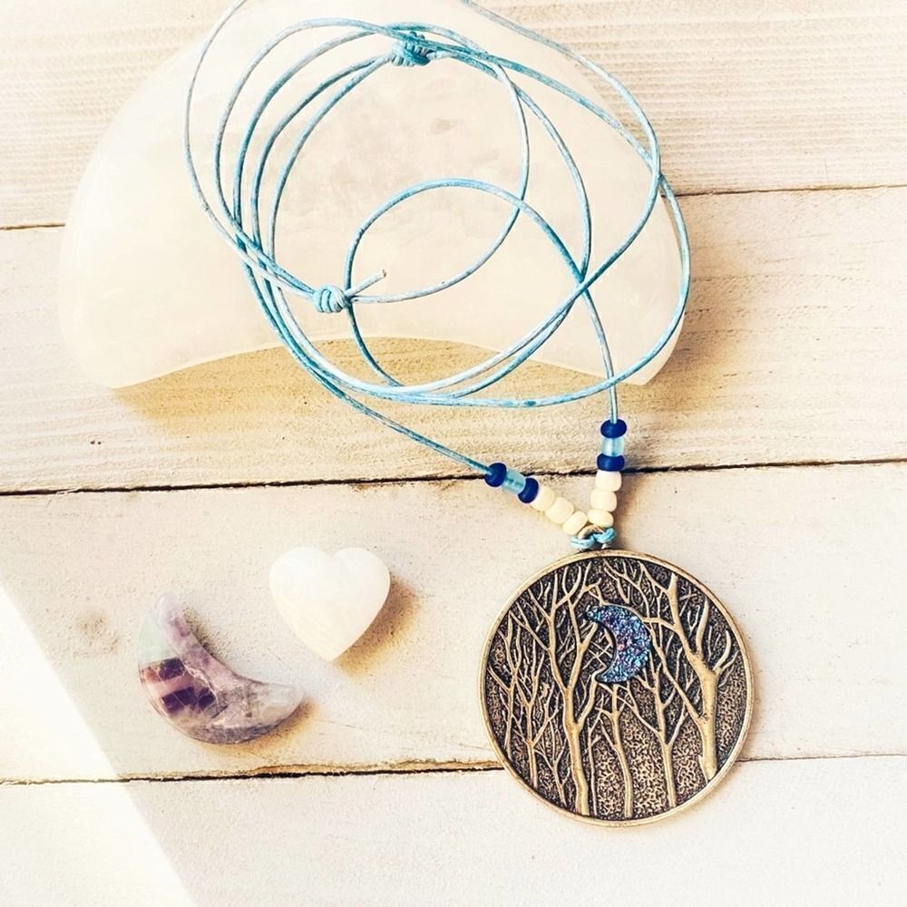 Crescent Moon In The Forest Pendant on Adjustable Leather Blue Cord